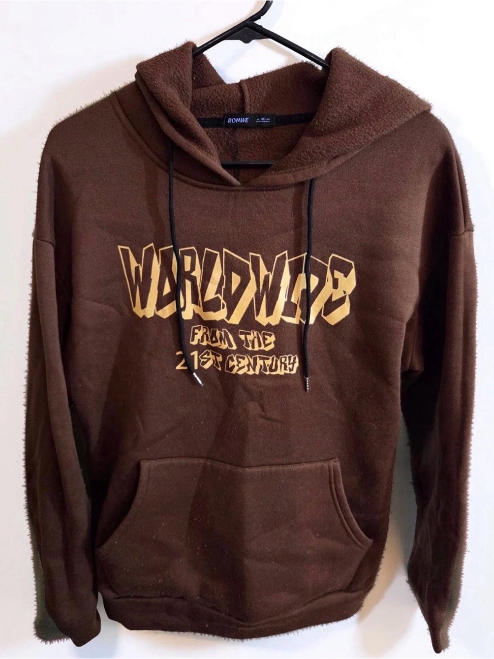 Romwe Brown 'Worldwide' Graphic Hoodie Sweatshirt